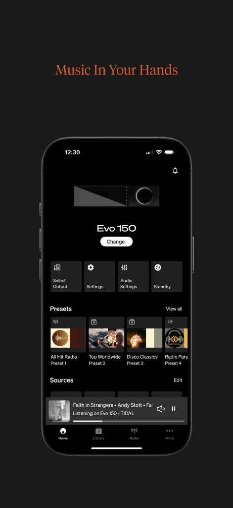 StreamMagic by Cambridge Audio - Écran d'accueil de l'application StreamMagic affichant l'interface de télécommande pour le lecteur audio Evo 150