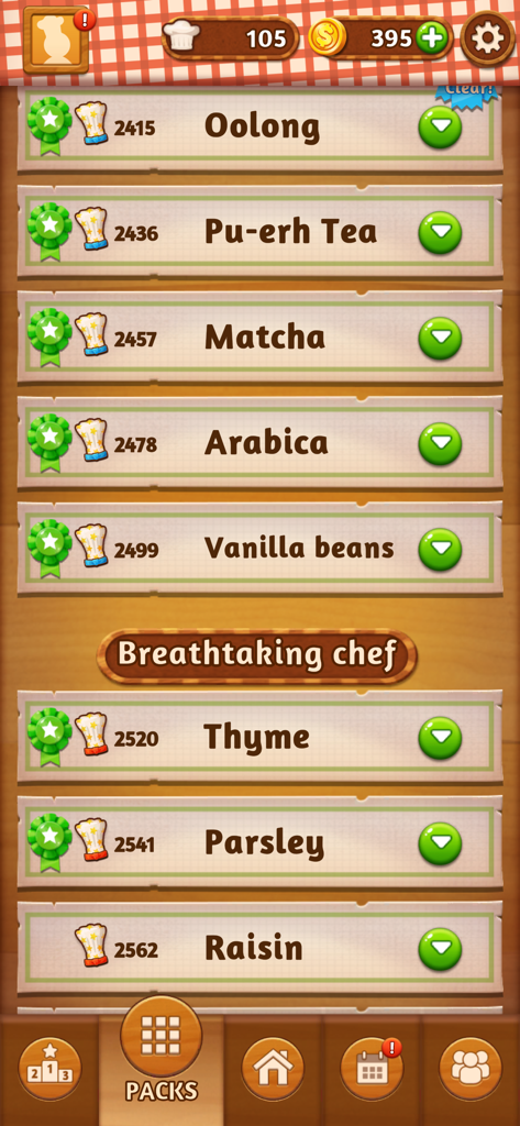 A list of culinary themed level packs like Matcha and Arabica in the Word Cookies app interface