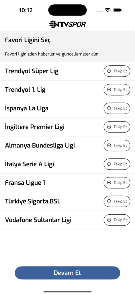 NTV Spor - Sporun Adresi - NTV Spor app screen for selecting favorite sports leagues including Turkish Super Lig and European leagues