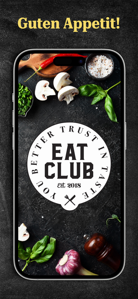 EAT CLUB – Rezepte & Kochen - EAT CLUB App Splash-Bildschirm mit frischen Lebensmittelzutaten und Markenlogo auf dunklem Hintergrund