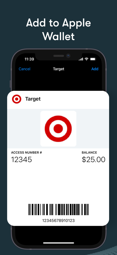 Card Manager: Digital Wallet - A Target gift card with a 25 dollar balance and barcode being added to Apple Wallet
