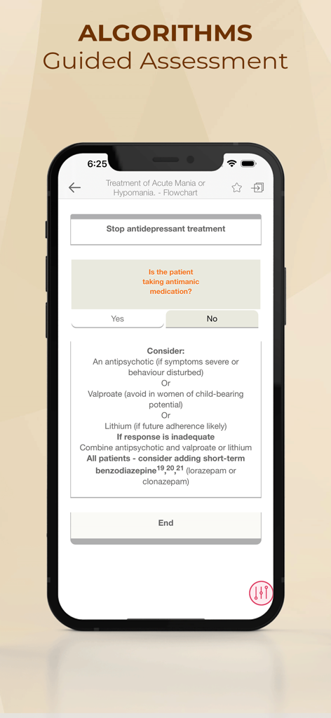 Ein Flussdiagramm zur Beurteilung der Behandlung von akuter Manie in der Maudsley Prescribing Guideline App