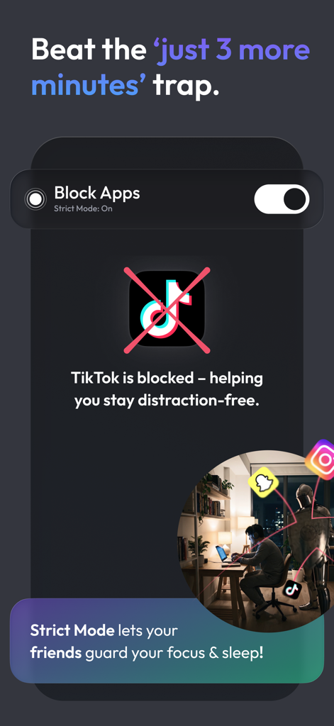 Soundscape: Focus & Deep Sleep - Interface of Soundscape app showing the block apps feature with TikTok icon crossed out to prevent distractions