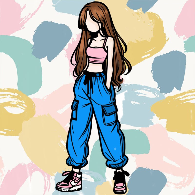 girl in baggy pants crop top and long hair