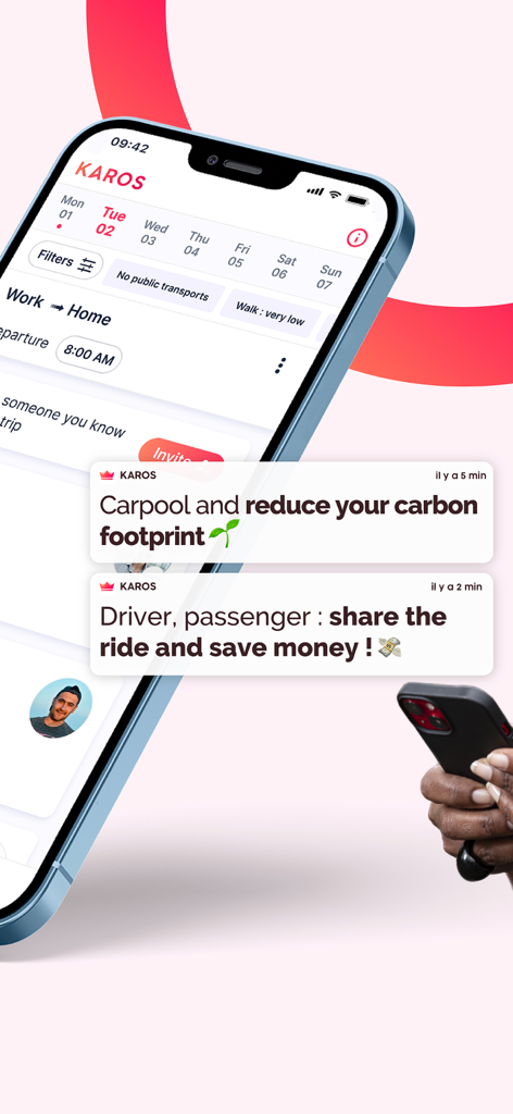 Karos app interface showing commuter carpooling schedule and benefits of sharing rides