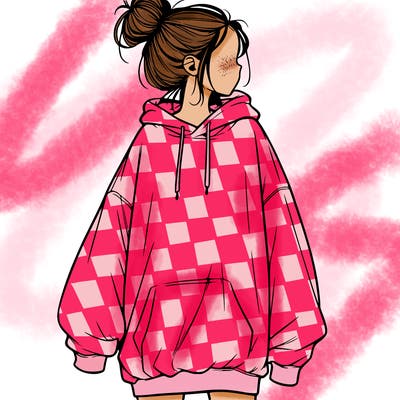 realistic girl with a oversized sweatshirt on and a bun