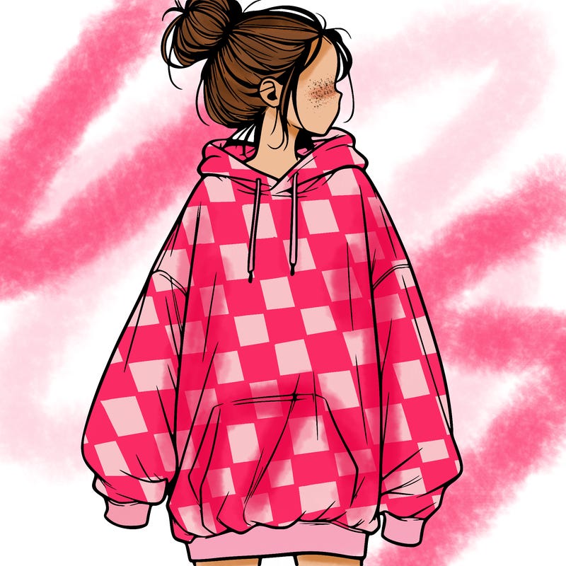 realistic girl with a oversized sweatshirt on and a bun