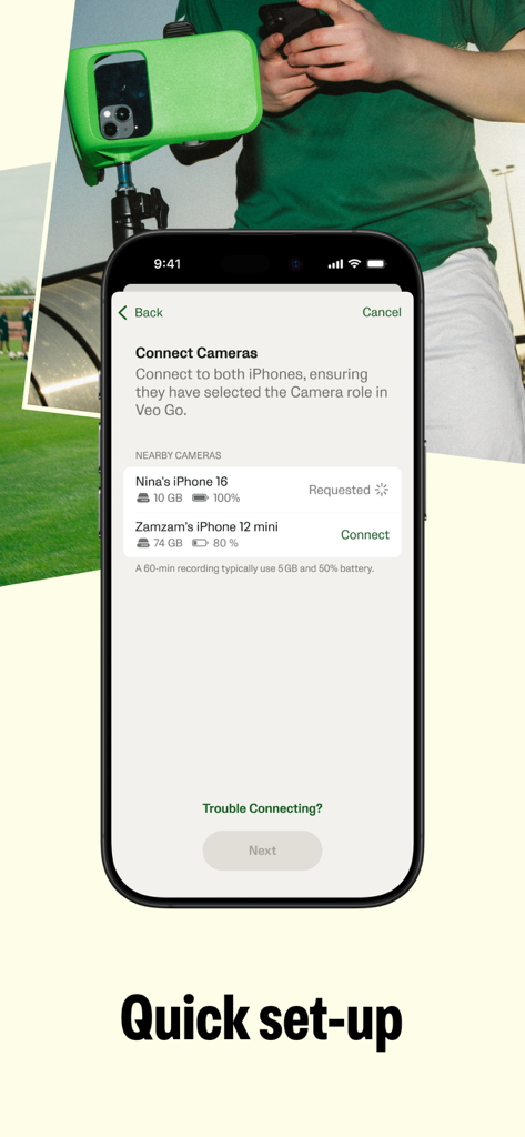 Veo Go app screen showing the quick setup process to connect multiple iPhones for soccer game recording