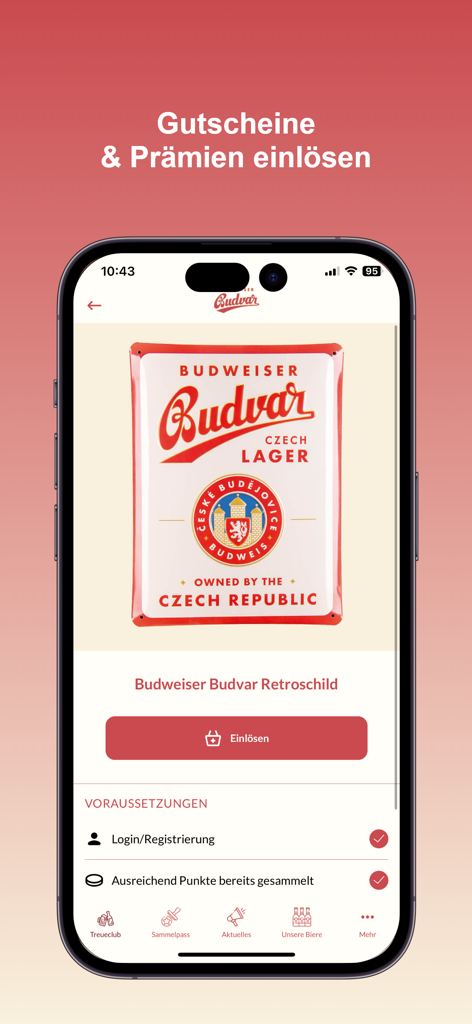 Budweiser Budvar app screen showing a retro sign reward for point redemption