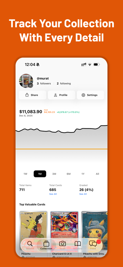 Interface do aplicativo Pulio mostrando um portfólio de coleção de cartas de negociação com valor total e gráfico de lucro.