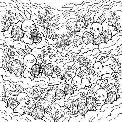 Discover a whimsical Easter scene where cheerful bunnies frolic among beautifully decorated eggs and delicate spring blossoms. This delightful coloring page also features soft altocumulus clouds, creating a dreamy backdrop for your creative adventure.