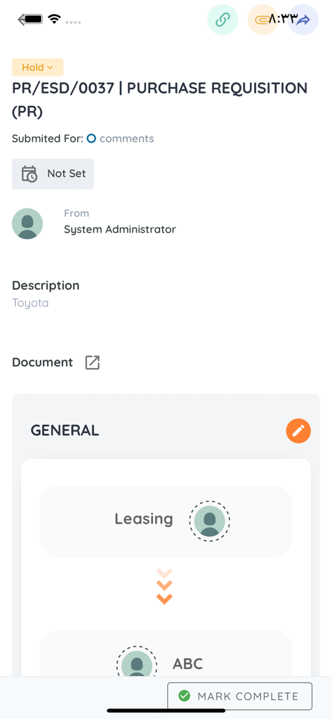 SpectroNova Mobile App-Bildschirm zeigt eine Kaufanforderung für ein Toyota-Asset