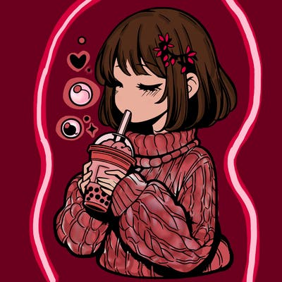 manga girl drinking boba in cozy sweater