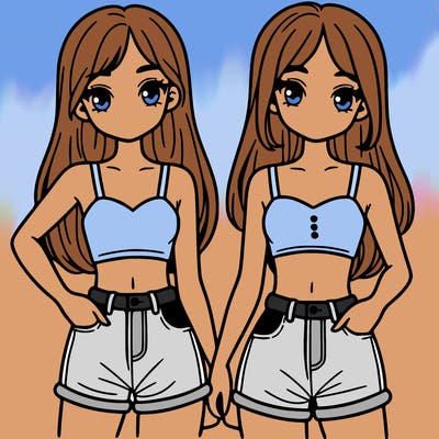 two sisters with crop tops and jean shorts and straight hair