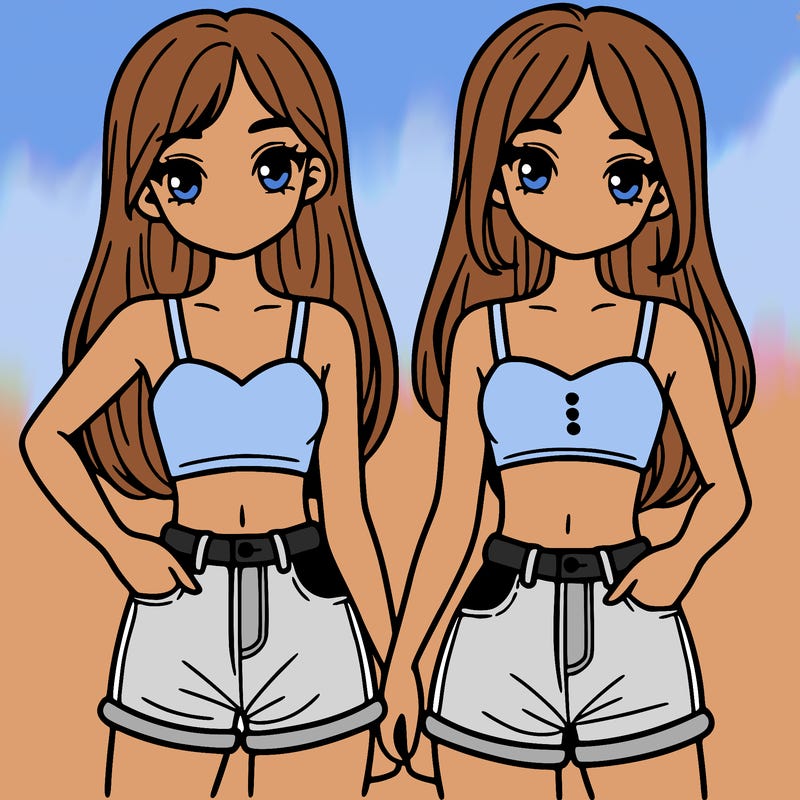 two sisters with crop tops and jean shorts and straight hair