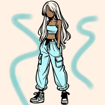 girl in baggy pants crop top and long hair