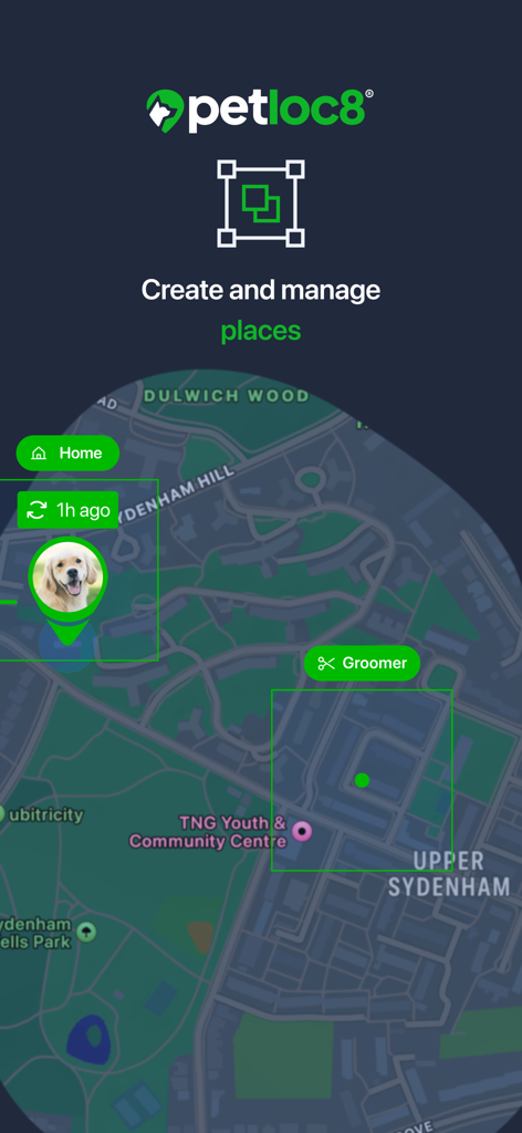 Petloc8 - Petloc8 App-Oberfläche, die eine Karte zum Erstellen und Verwalten von Geofencing-sicheren Zonen wie Zuhause und Friseur für die Haustierverfolgung zeigt.