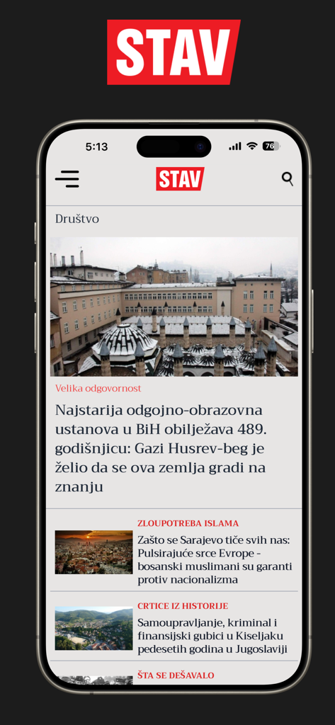 Pantalla de inicio de la aplicación Stav mostrando noticias y artículos culturales en bosnio