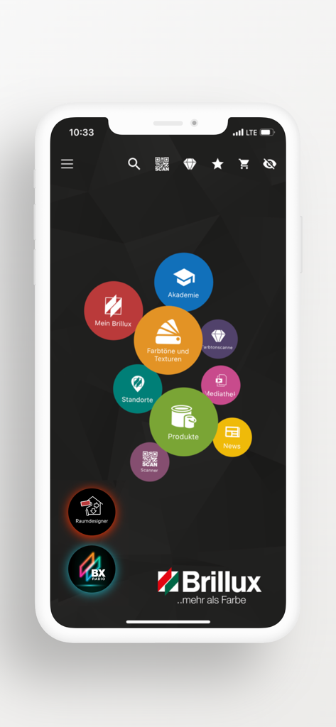 Brillux 앱 홈 화면. 제품, 색상 및 전문 페인팅 도구를 위한 원형 메뉴가 있습니다.