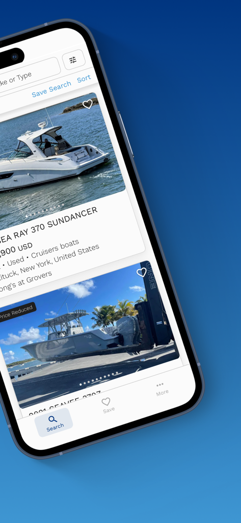 Schermata dell'app mobile che visualizza un elenco di yacht in vendita con foto e dettagli