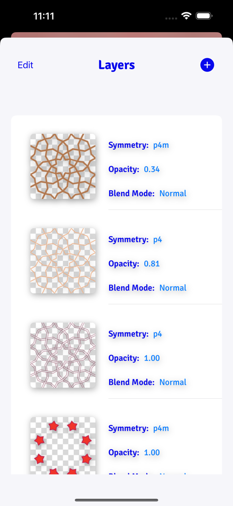 iSymmetry - Pattern Painting - Die Ebenenverwaltungsansicht in der iSymmetry-App mit Symmetrieeinstellungen und Muster-Vorschauen.