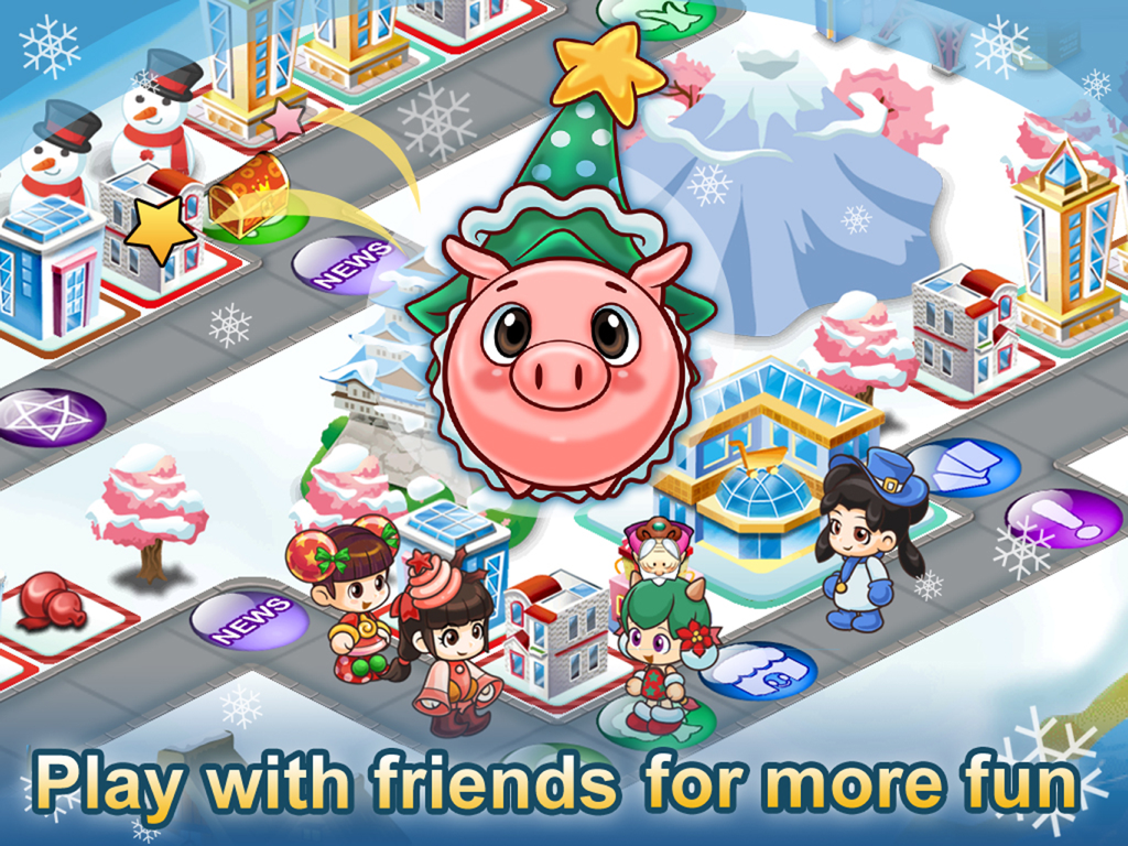 Richman 4 Fun HD winter themed board game board with cute anime characters and a pig wearing a Christmas tree hat.