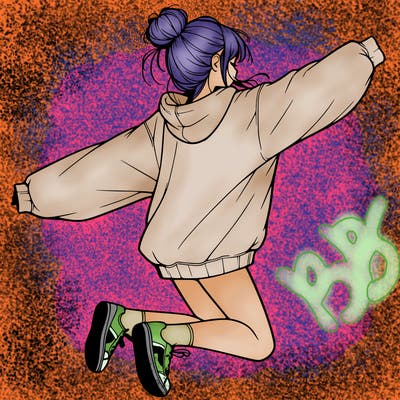realistic girl jumping with a bun and oversized sweatshirt