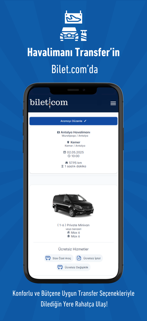 Bilet.com: Uçak Otobüs Feribot - Bilet.com mobile app screen for booking private airport transfers in Turkey