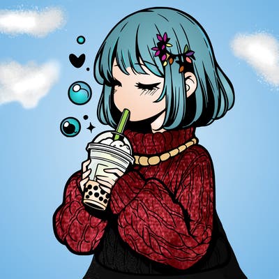 manga girl drinking boba in cozy sweater