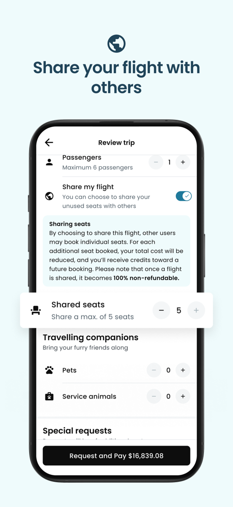 Airble-App-Oberfläche, die Optionen zum Teilen eines privaten Fluges und Aufteilen der Kosten mit anderen Passagieren anzeigt
