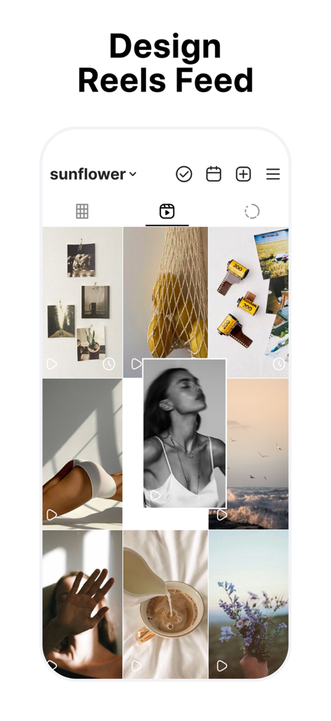 Interface d'une application mobile montrant un planificateur de flux Instagram Reels organisé avec fonctionnalité de glisser-déposer
