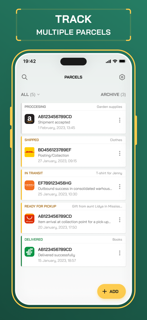 Track Me Fast 앱의 인터페이스로, 현재 배송 상태와 함께 여러 소포가 추적되는 것을 보여줍니다.