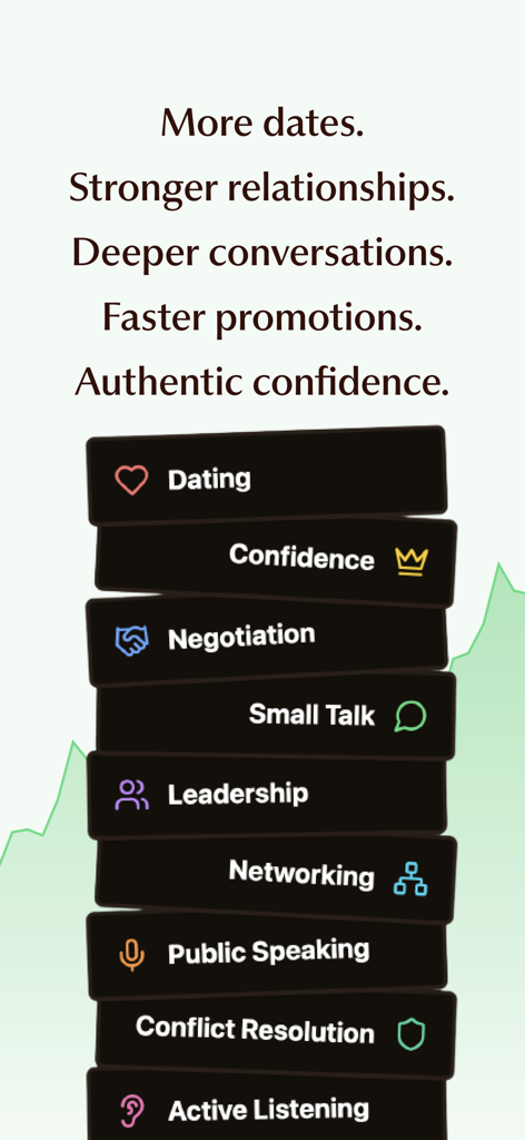 A list of social intelligence skills in the Gleam app including dating confidence leadership and networking