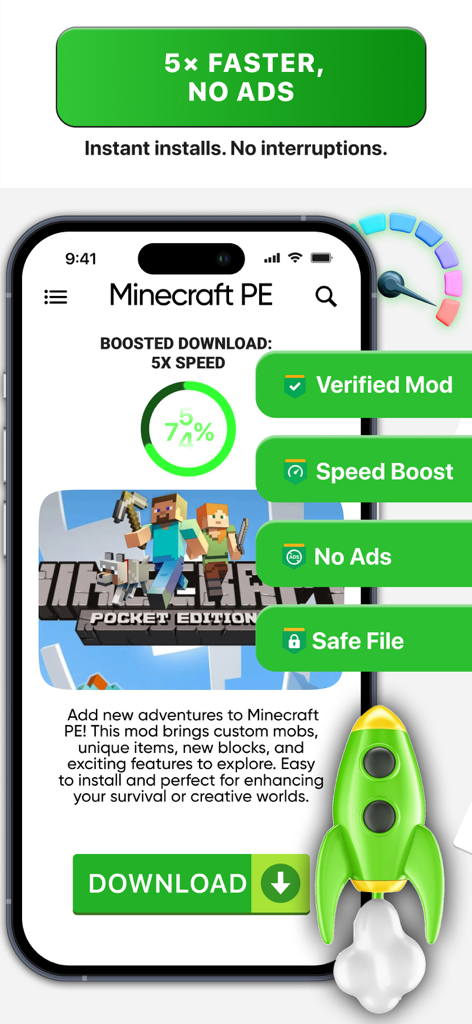 Happi Mod - Working Mods - Una captura de pantalla de la aplicación Happi Mod que muestra una pantalla de descarga de mod de Minecraft Pocket Edition con características como impulso de velocidad 5x y sin anuncios.