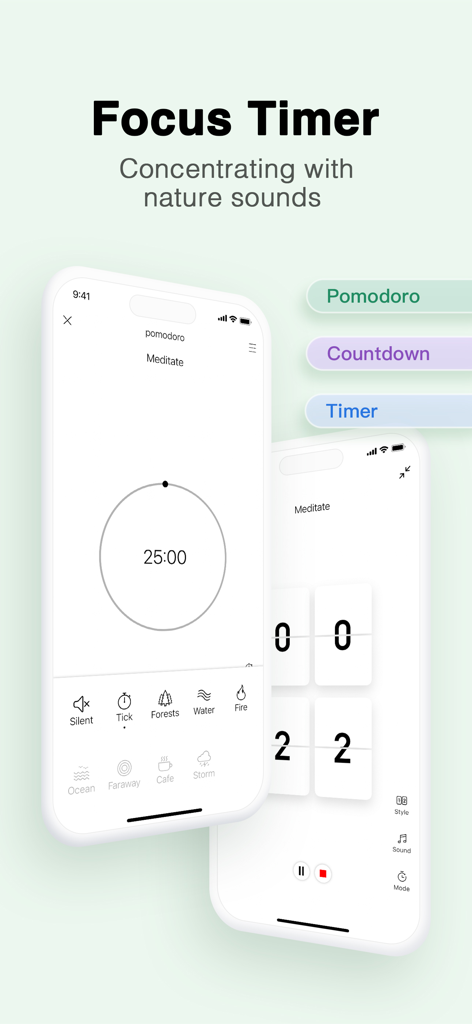 Interfaccia del timer di concentrazione dell'app MinimaList che mostra la modalità Pomodoro e le opzioni dei suoni della natura
