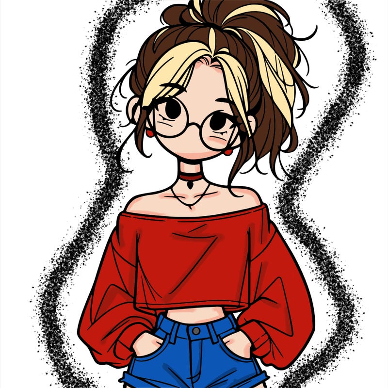 girl with a messy ponytail glasses a baggy crop top and jean shorts