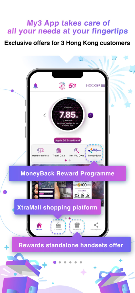 My3 - The My3 app dashboard showing mobile data usage and access to MoneyBack rewards and XtraMall.