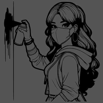 realistic girl with mask spray painting a wall