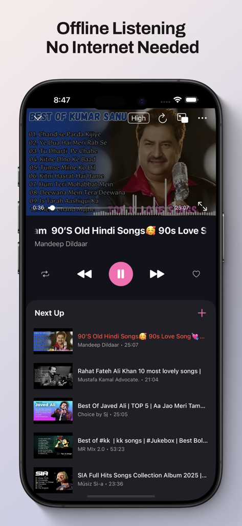 Offline Music Tube Browser - Interface of the Offline Music Tube Browser app showing offline music playback and a next up song list.