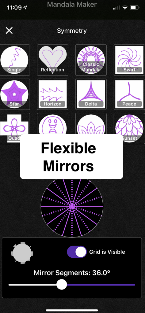 Mandala Maker app interface showing various symmetry mirror options and segment settings.