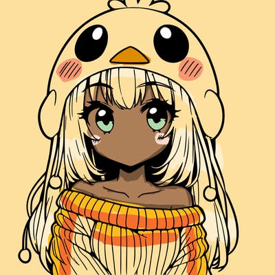 anime girl with chick shaped hat with sweater with bare shoulders with bangs covering them one eye with low tail