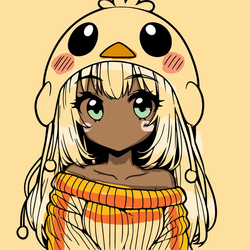 anime girl with chick shaped hat with sweater with bare shoulders with bangs covering them one eye with low tail