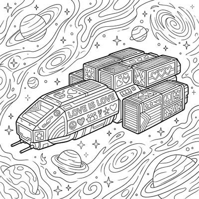 Blast off into a world of creativity and celebration with this inspiring cargo transport coloring page, dedicated to Pride Month. Embellished with symbols of love and diversity, it's a perfect blend of sci-fi wonder and heartfelt message.