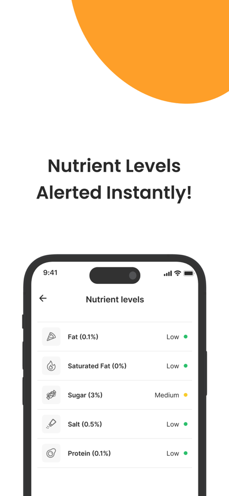 Healthy Food Scanner - 脂肪、砂糖、塩分の栄養レベルを表示するヘルシーフードスキャナ​​ーアプリのインターフェース