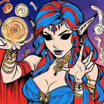 realistic scary beautiful elf sorceress casting spell