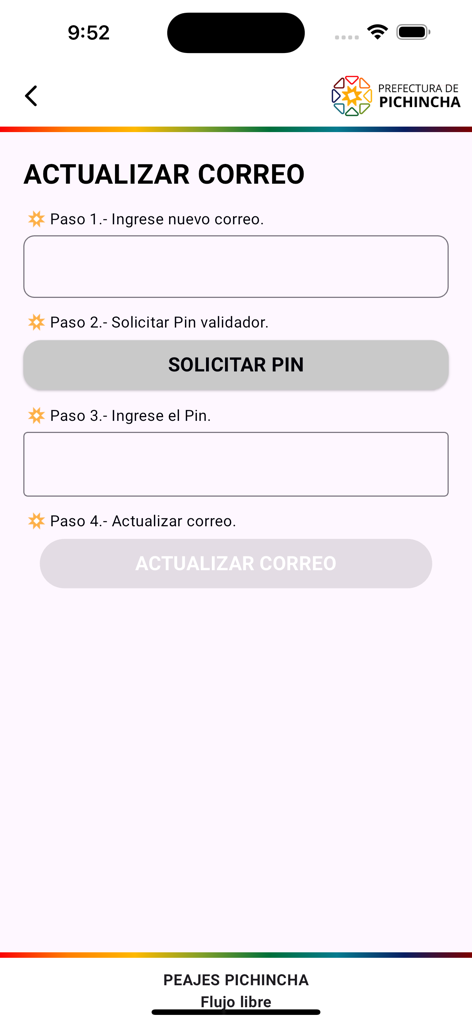 Peajes Pichincha V2 - Pantalla de actualización de correo electrónico en la aplicación Peajes Pichincha V2 con instrucciones paso a paso.