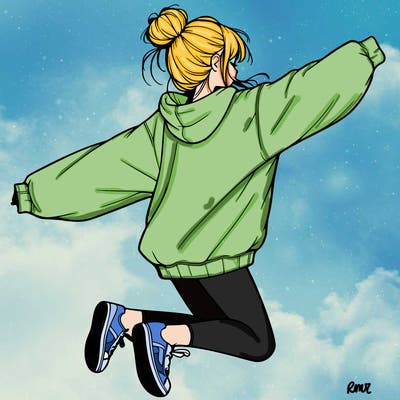 realistic girl jumping with a bun and oversized sweatshirt