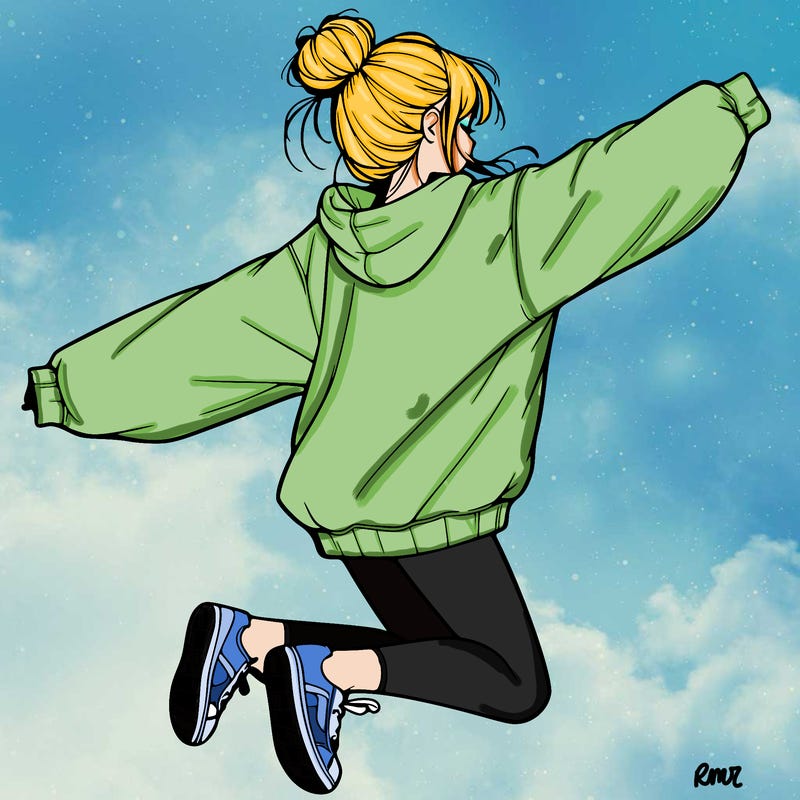 realistic girl jumping with a bun and oversized sweatshirt