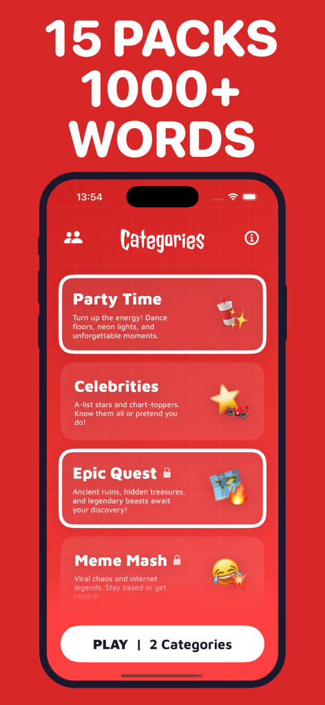 Imposters Game — Bluffit - Captura de pantalla del juego Bluffit mostrando varios paquetes de categorías de palabras como Fiesta y Celebridades.