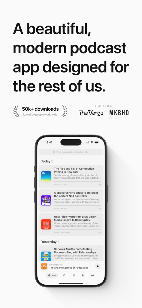 Neuecast: Podcast App - Neuecast podcast app interface on an iPhone showing a minimalist episode list and media features from The Verge and MKBHD